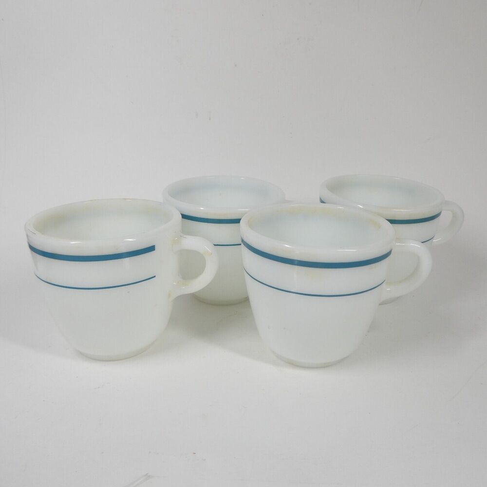Anchor Hocking Anchorware 4 Teal Blue Stripe Coffee Mugs 910 Cups Vtg Milk Glass - Picture 1 of 14